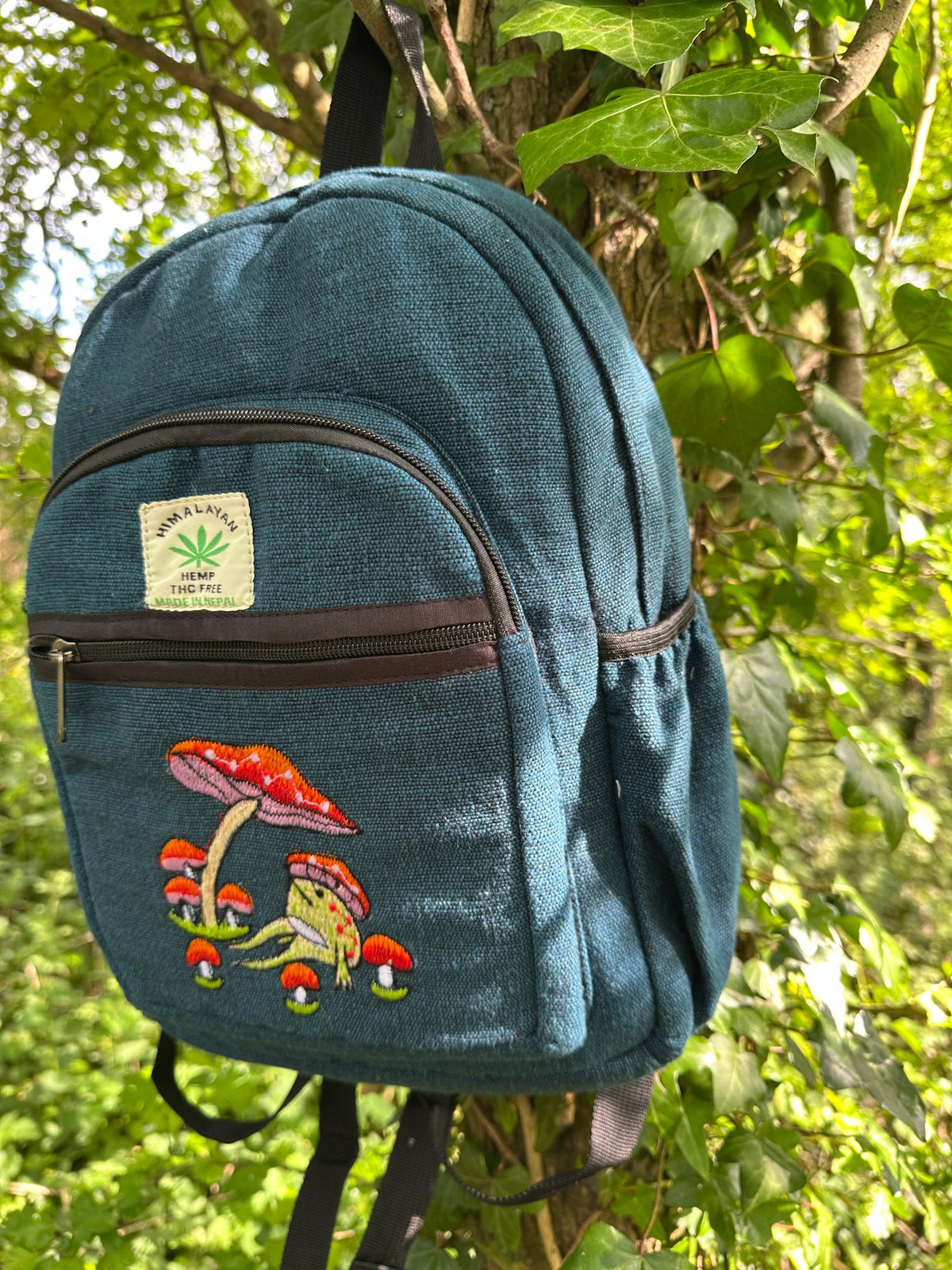 Handmade Himalayan Hemp & Cotton Backpack - Embroidery Mushroom Design (Medium Size)