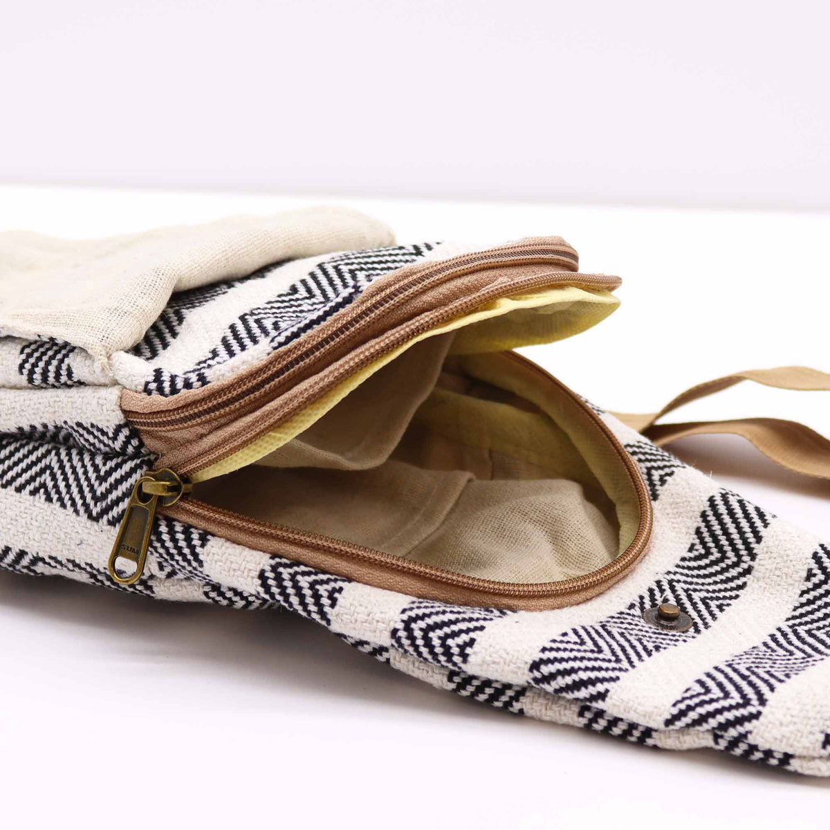 Natural Cotton Cross Body Bag - Black & White