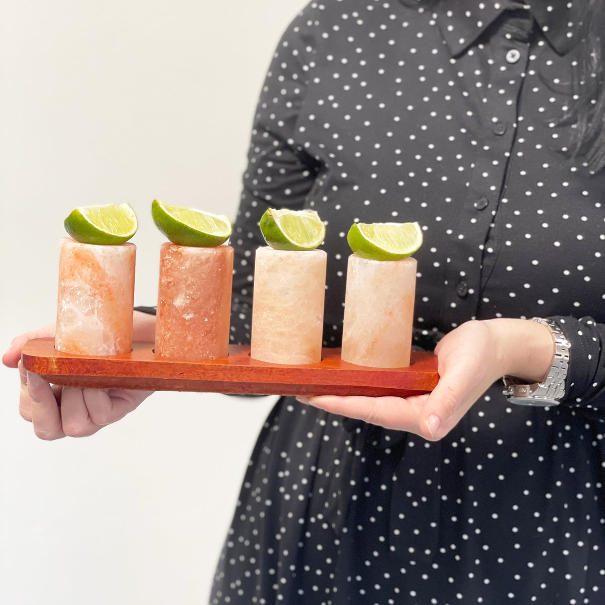 Himalayan Salt Shot Glasses & Wood Serving Stand - Set of 4