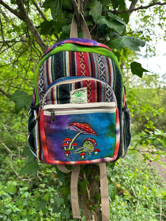 Handmade Himalayan Hemp & Cotton Backpack - Embroidery Mushroom Design (Medium Size)