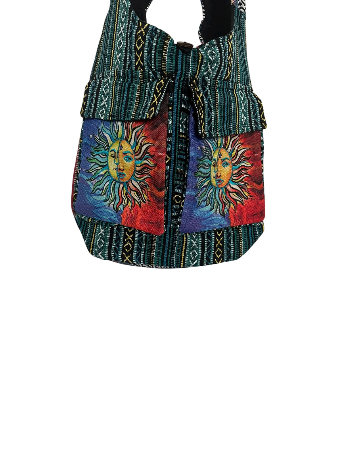 Handmade Cotton Boho Sling Bag – Twin Sun Face Print with Pockets