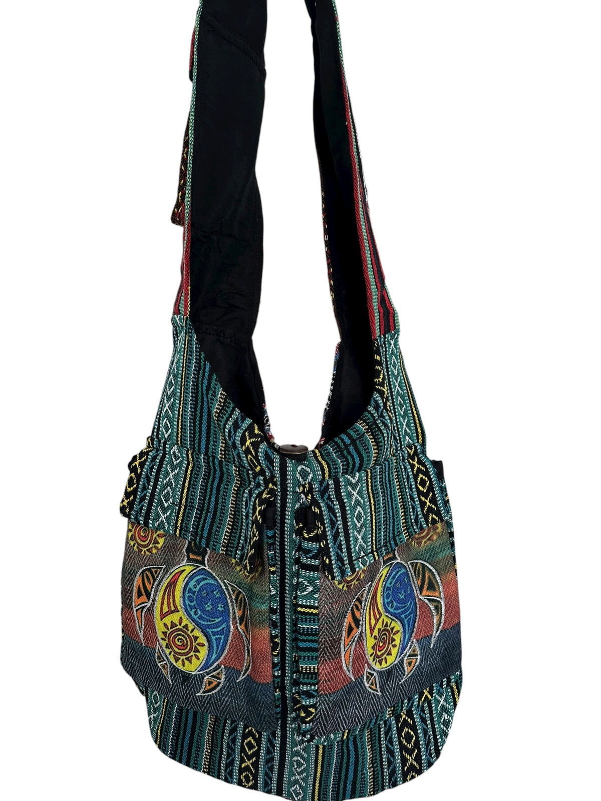 Handmade Cotton Boho Sling Bag – Twin Sun Face Print with Pockets