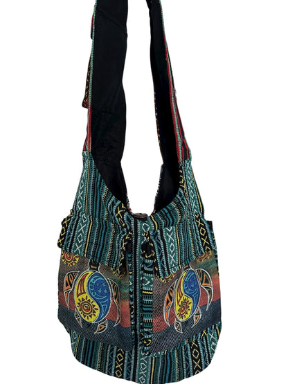 Handmade Cotton Boho Sling Bag – Twin Sun Face Print with Pockets