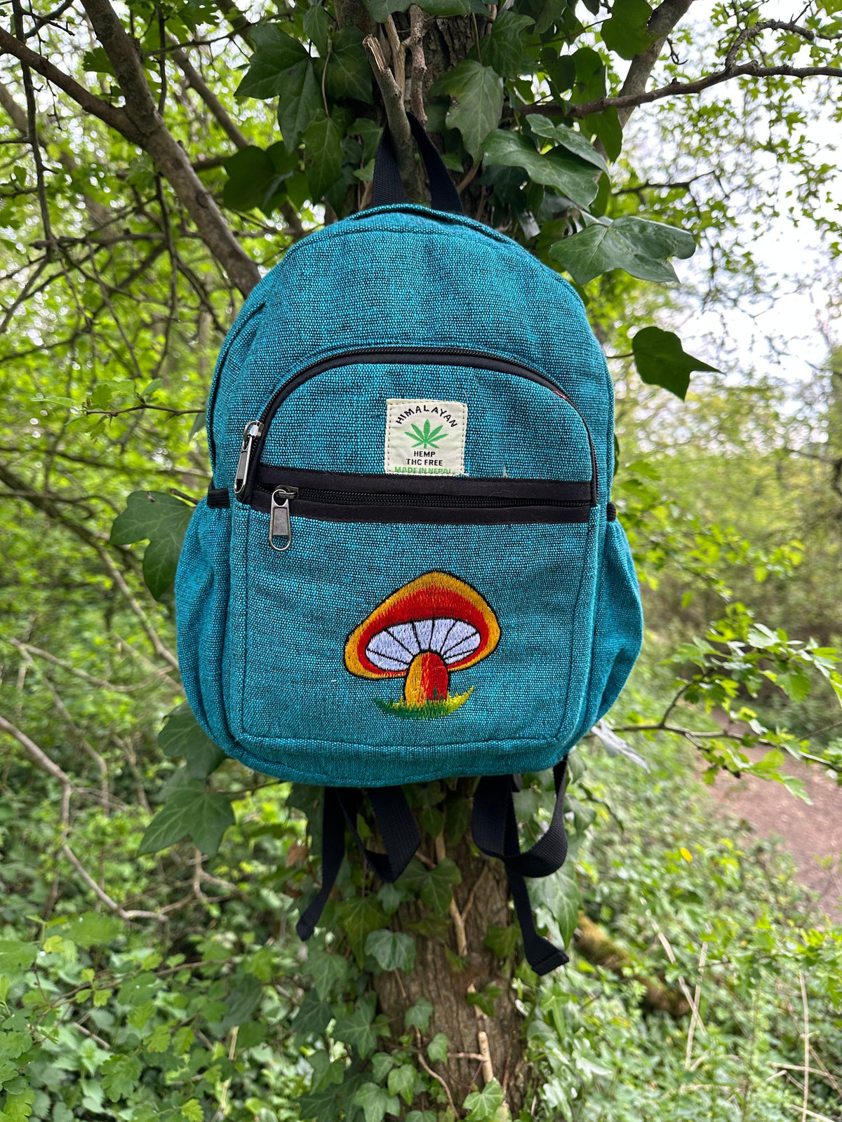 Handmade Himalayan Hemp & Cotton Backpack - Embroidery Mushroom Design (Medium Size)