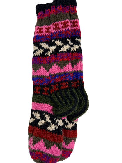 Hand-Knitted Organic Wool Socks – Pink & Olive Pattern (Fits up to Size UK 7)
