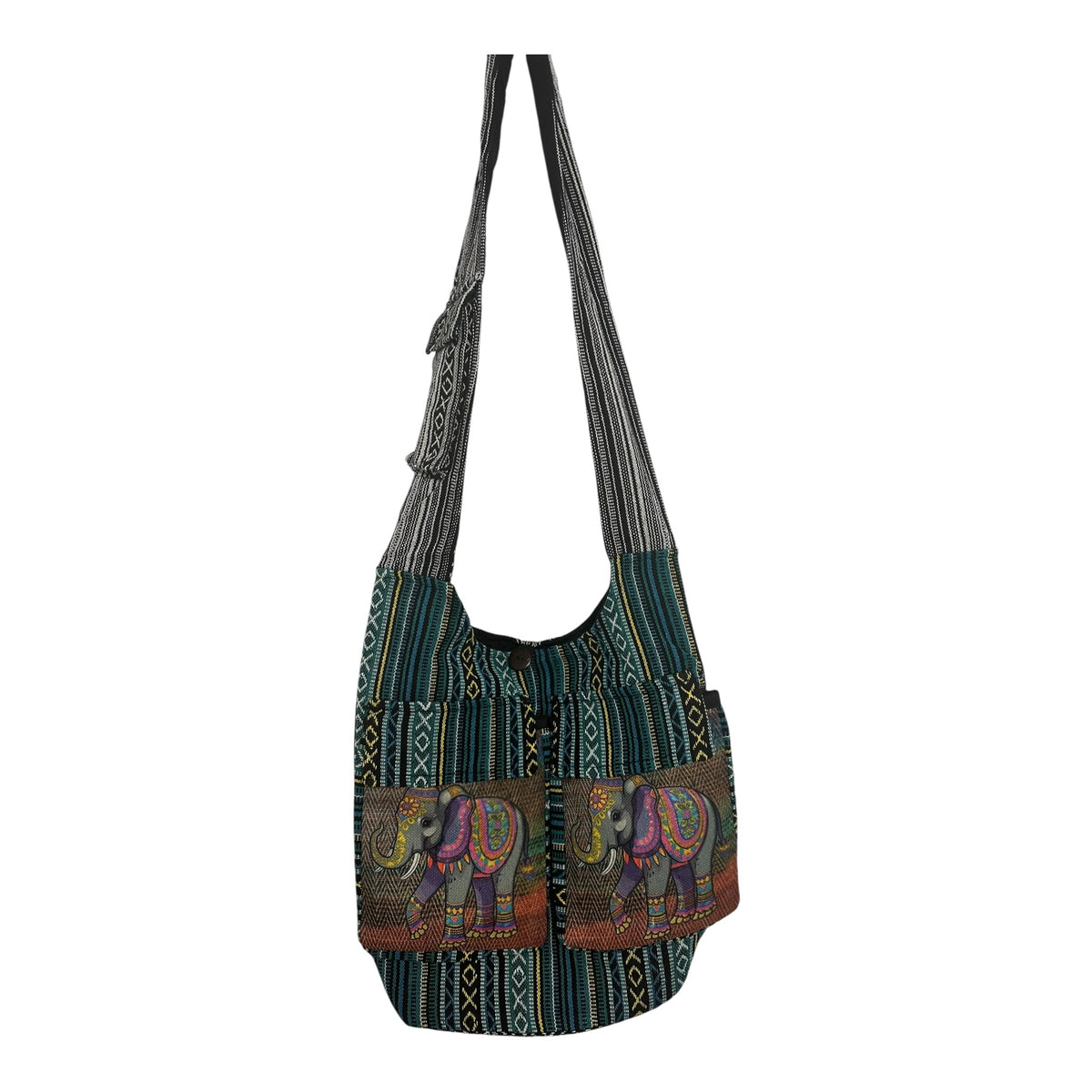 Handmade Cotton Boho Sling Bag – Elephant Print with Dual Front Pockets