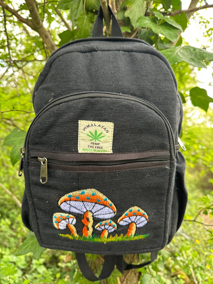 Handmade Himalayan Hemp & Cotton Backpack - Embroidery Mushroom Design (Medium Size)