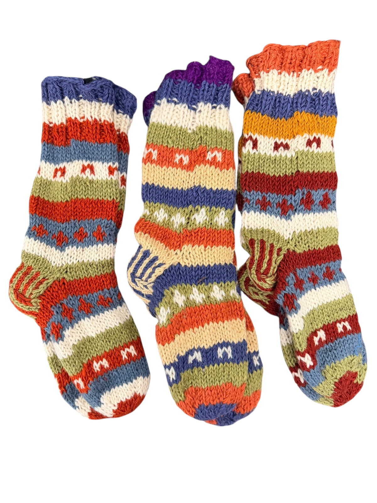 Hand-Knitted Fleece-Lined Organic Wool Socks – Autumn Fair Isle Pattern (Fits up to Size UK 7)