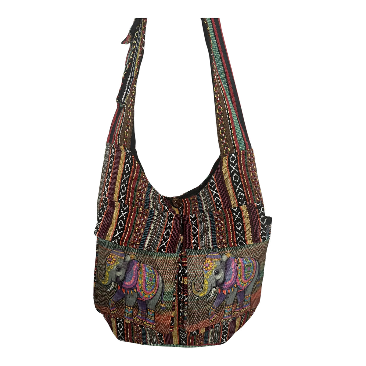 Handmade Cotton Boho Sling Bag – Elephant Print with Dual Front Pockets