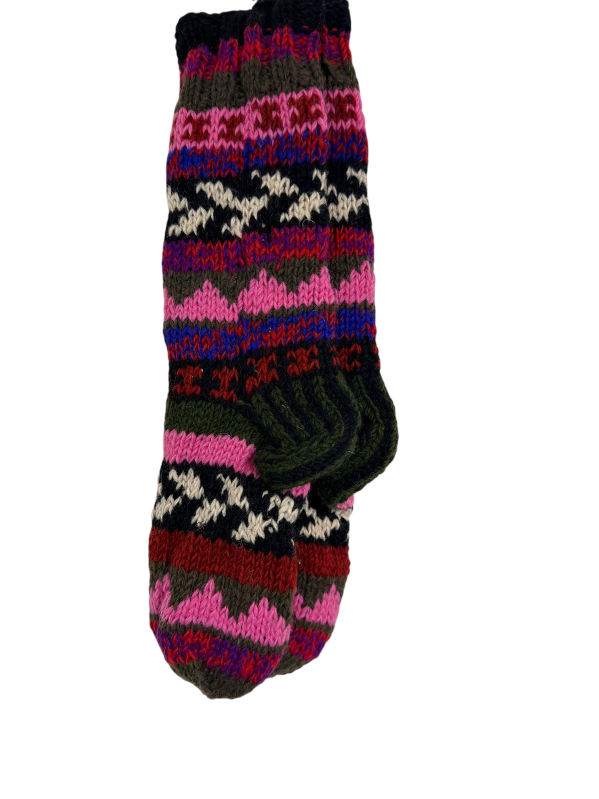 Hand-Knitted Organic Wool Socks – Pink & Olive Pattern (Fits up to Size UK 7)
