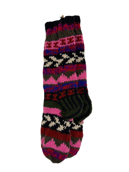 Hand-Knitted Organic Wool Socks – Pink & Olive Pattern (Fits up to Size UK 7)