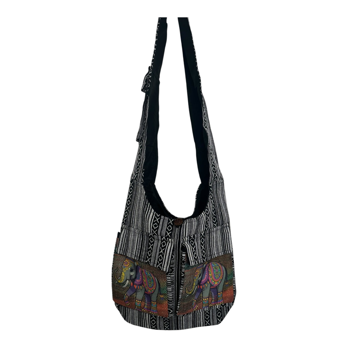 Handmade Cotton Boho Sling Bag – Elephant Print with Dual Front Pockets