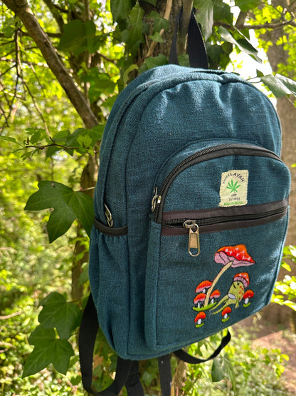 Handmade Himalayan Hemp & Cotton Backpack - Embroidery Mushroom Design (Medium Size)