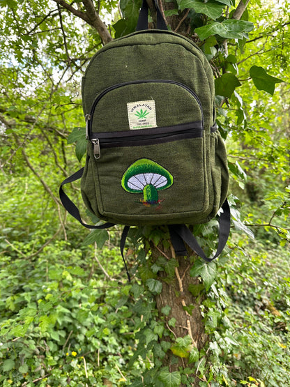 Handmade Himalayan Hemp & Cotton Backpack - Embroidery Mushroom Design (Medium Size)