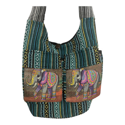 Handmade Cotton Boho Sling Bag – Elephant Print with Dual Front Pockets