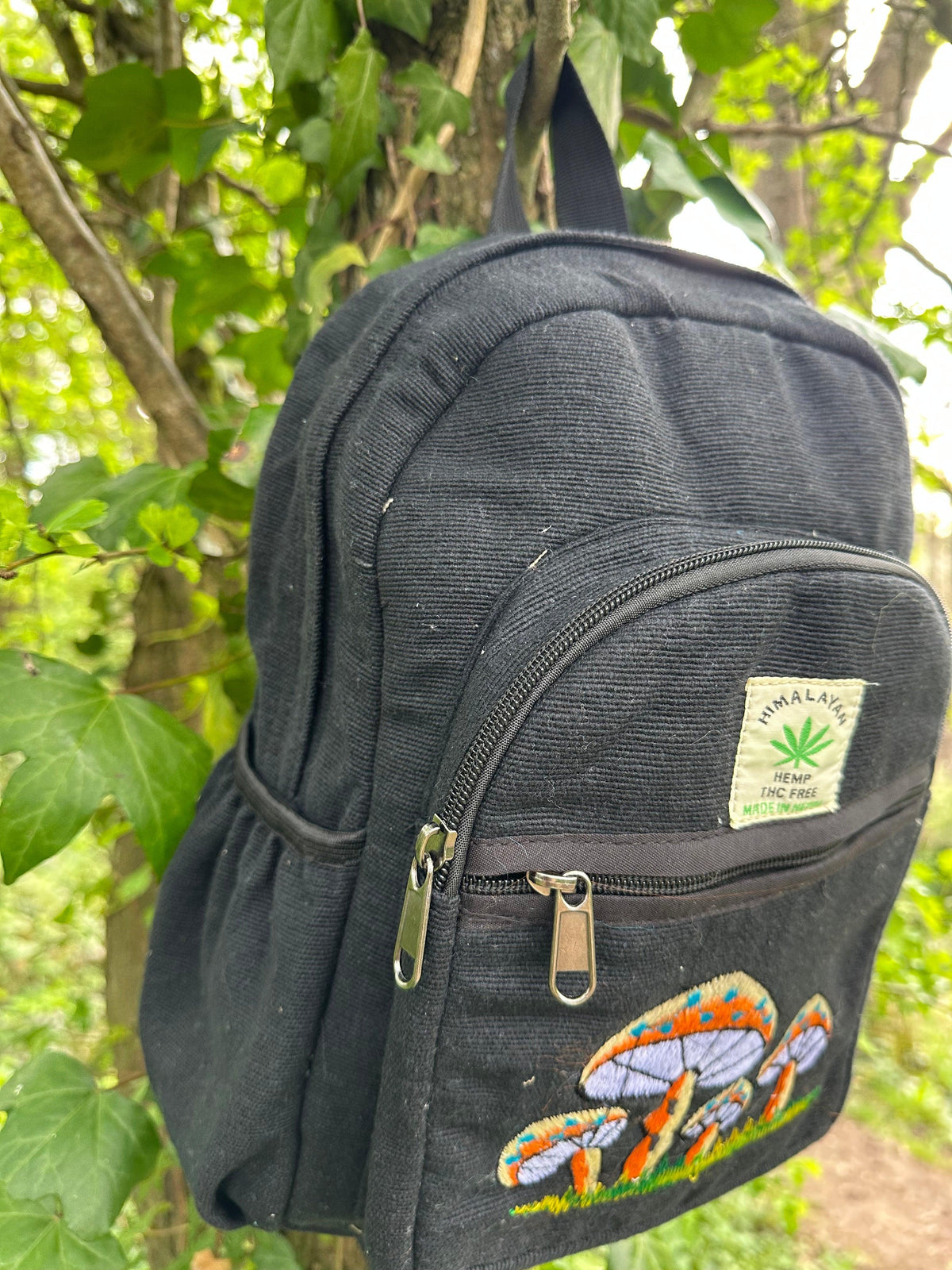 Handmade Himalayan Hemp & Cotton Backpack - Embroidery Mushroom Design (Medium Size)