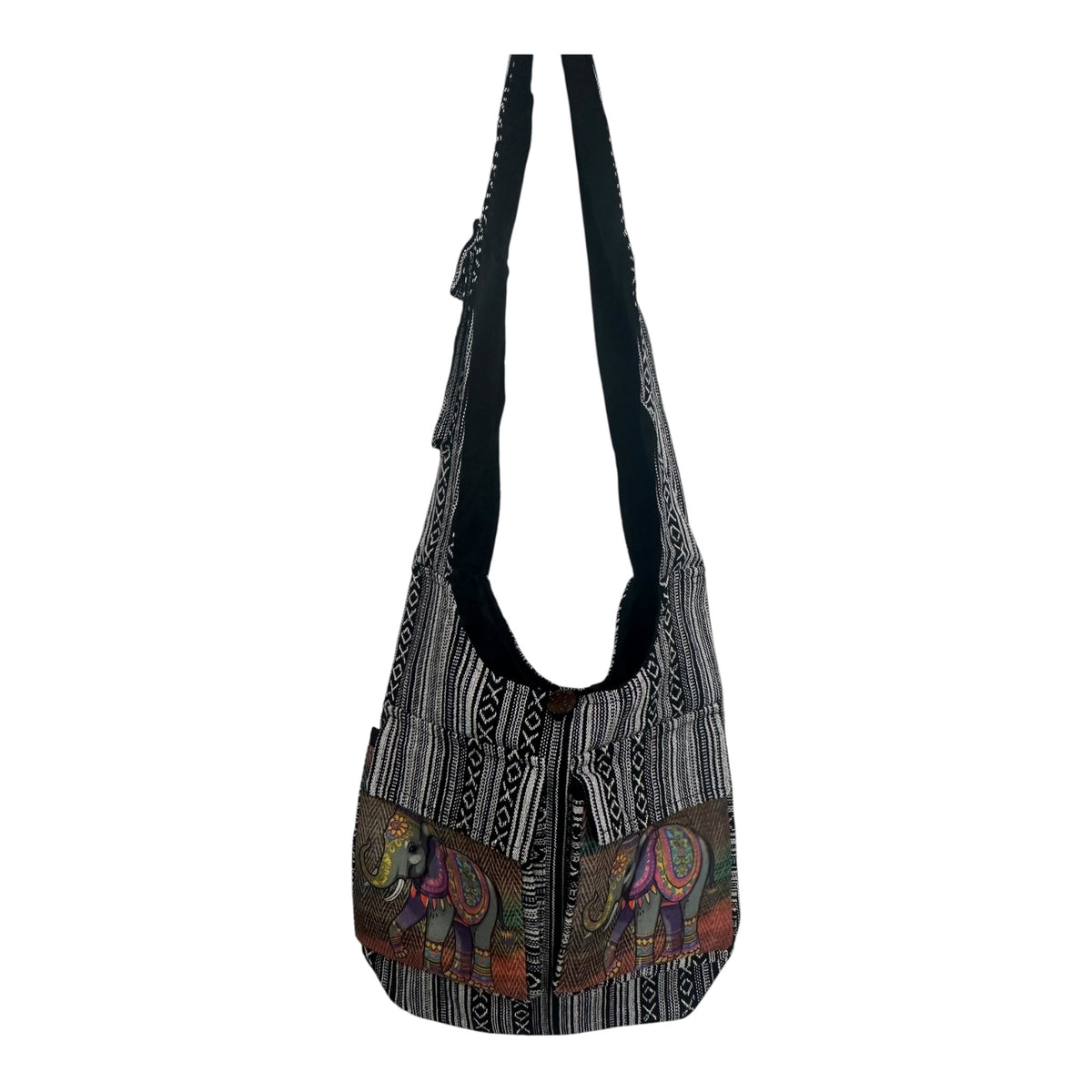 Handmade Cotton Boho Sling Bag – Elephant Print with Dual Front Pockets