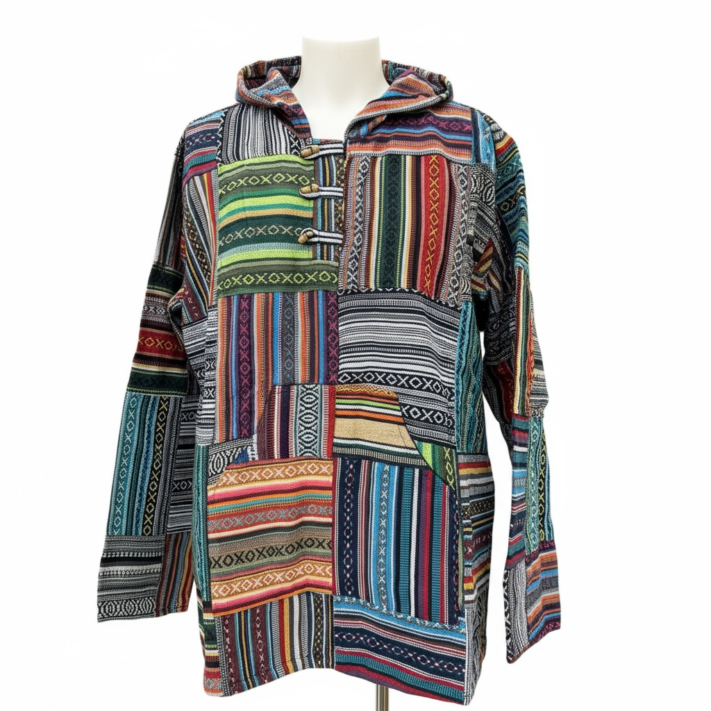 Multicolor Patchwork Baja Hoodie – Boho & Hippie Style