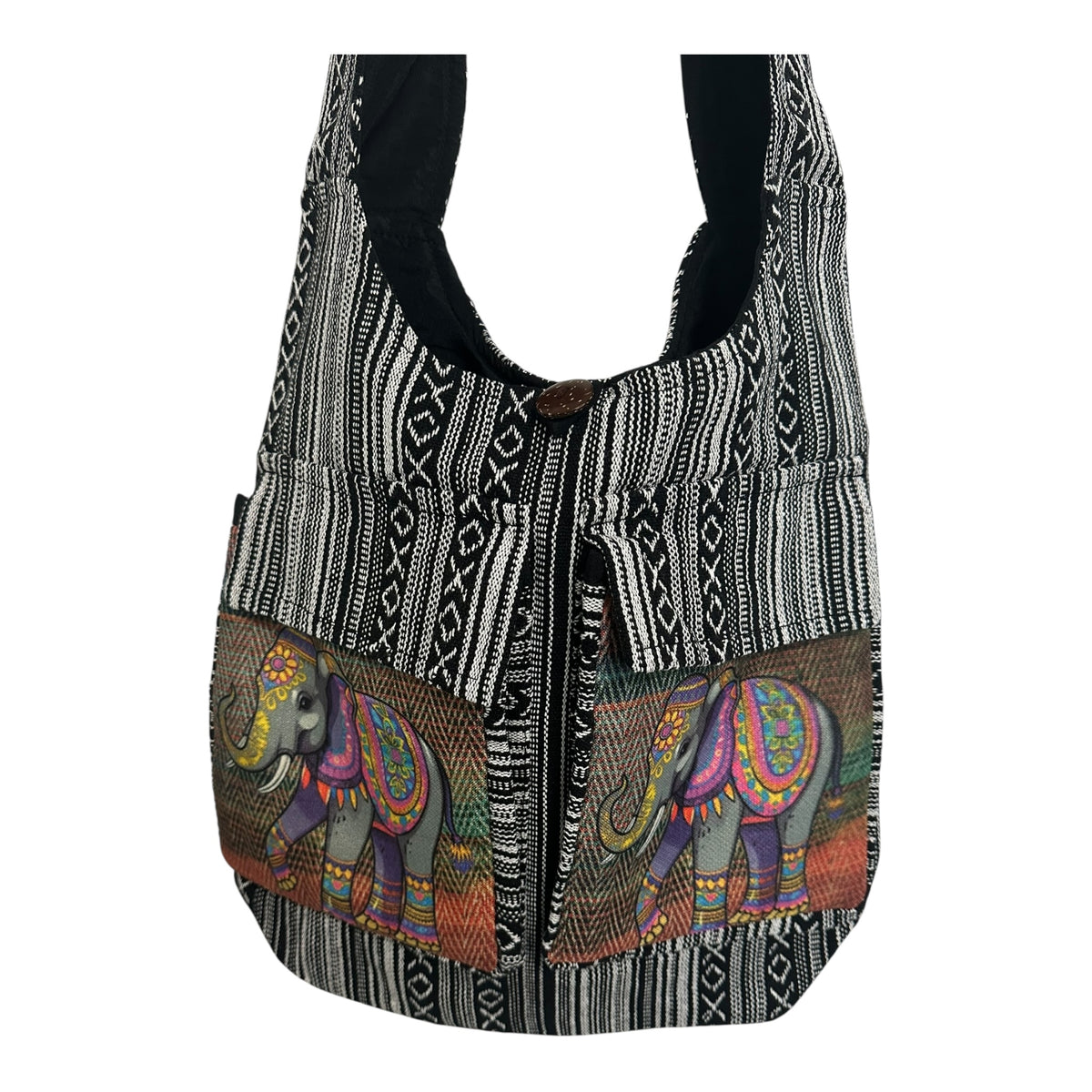 Handmade Cotton Boho Sling Bag – Elephant Print with Dual Front Pockets