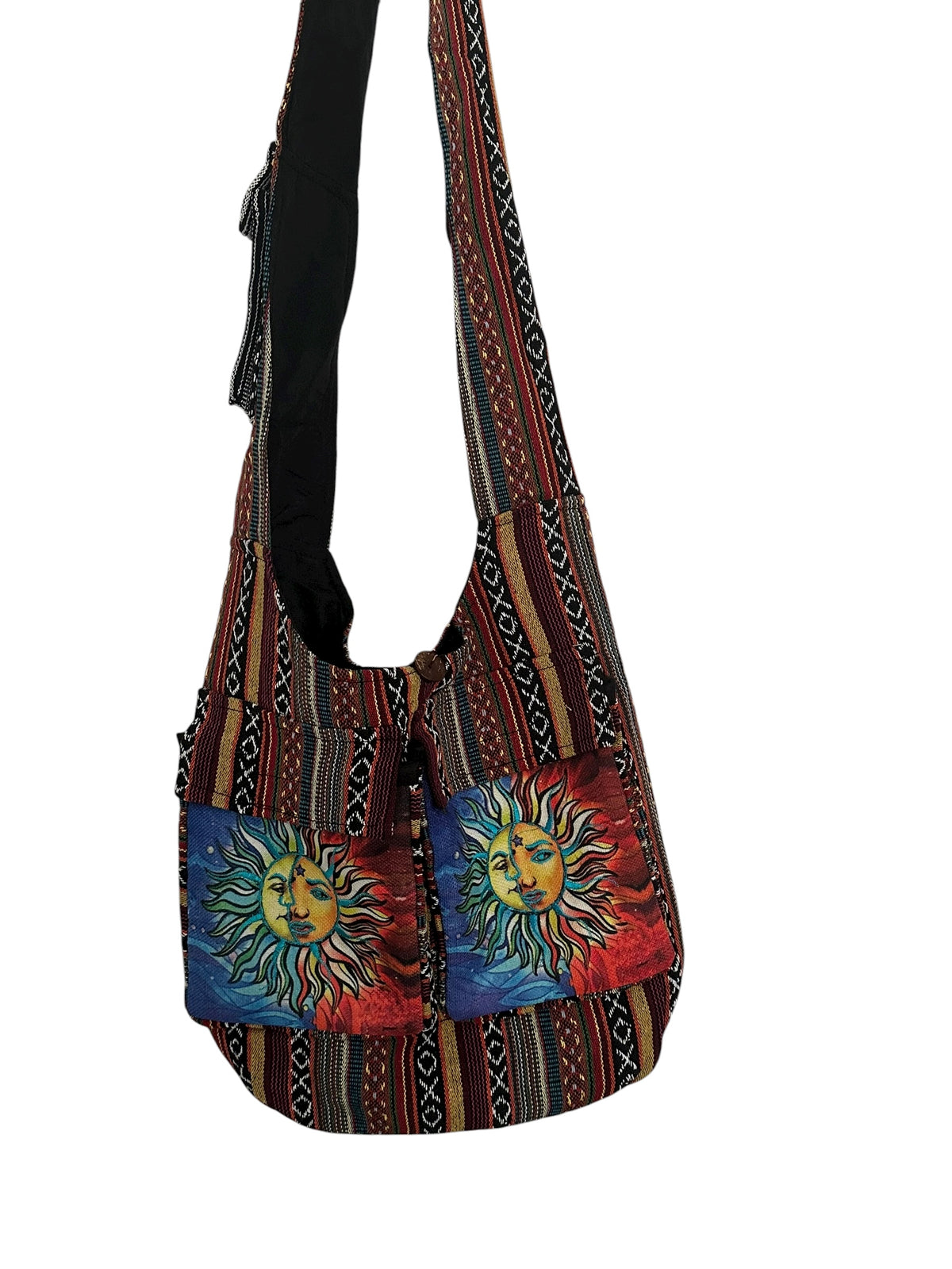 Handmade Cotton Boho Sling Bag – Twin Sun Face Print with Pockets