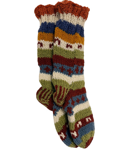 Hand-Knitted Fleece-Lined Organic Wool Socks – Autumn Fair Isle Pattern (Fits up to Size UK 7)