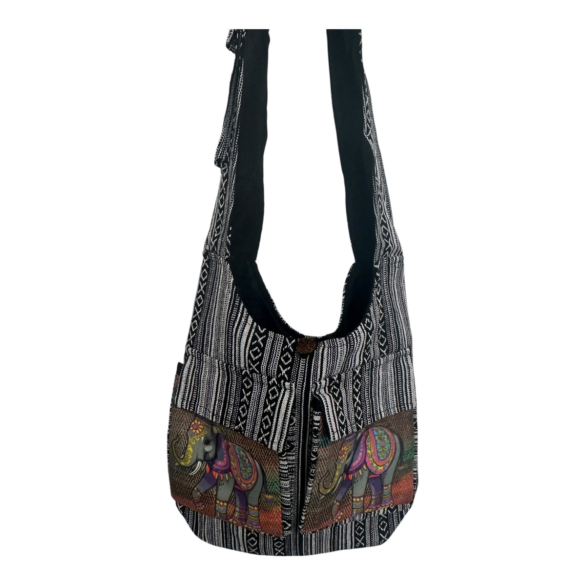 Handmade Cotton Boho Sling Bag – Elephant Print with Dual Front Pockets