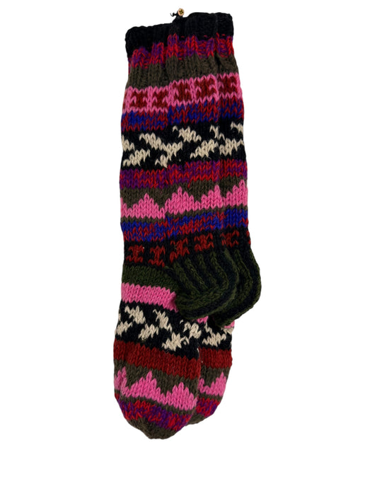 Hand-Knitted Organic Wool Socks – Pink & Olive Pattern (Fits up to Size UK 7)