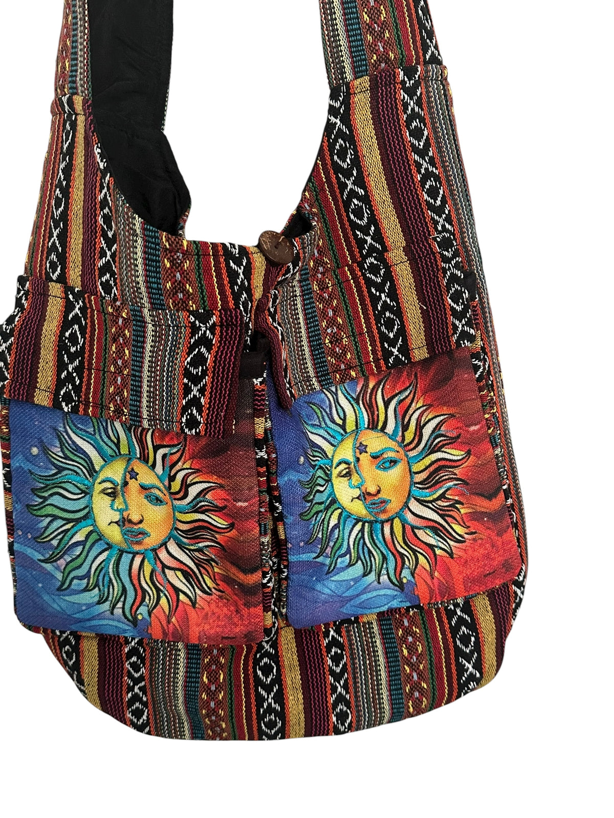 Handmade Cotton Boho Sling Bag – Twin Sun Face Print with Pockets