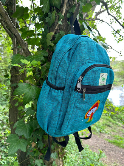 Handmade Himalayan Hemp & Cotton Backpack - Embroidery Mushroom Design (Medium Size)