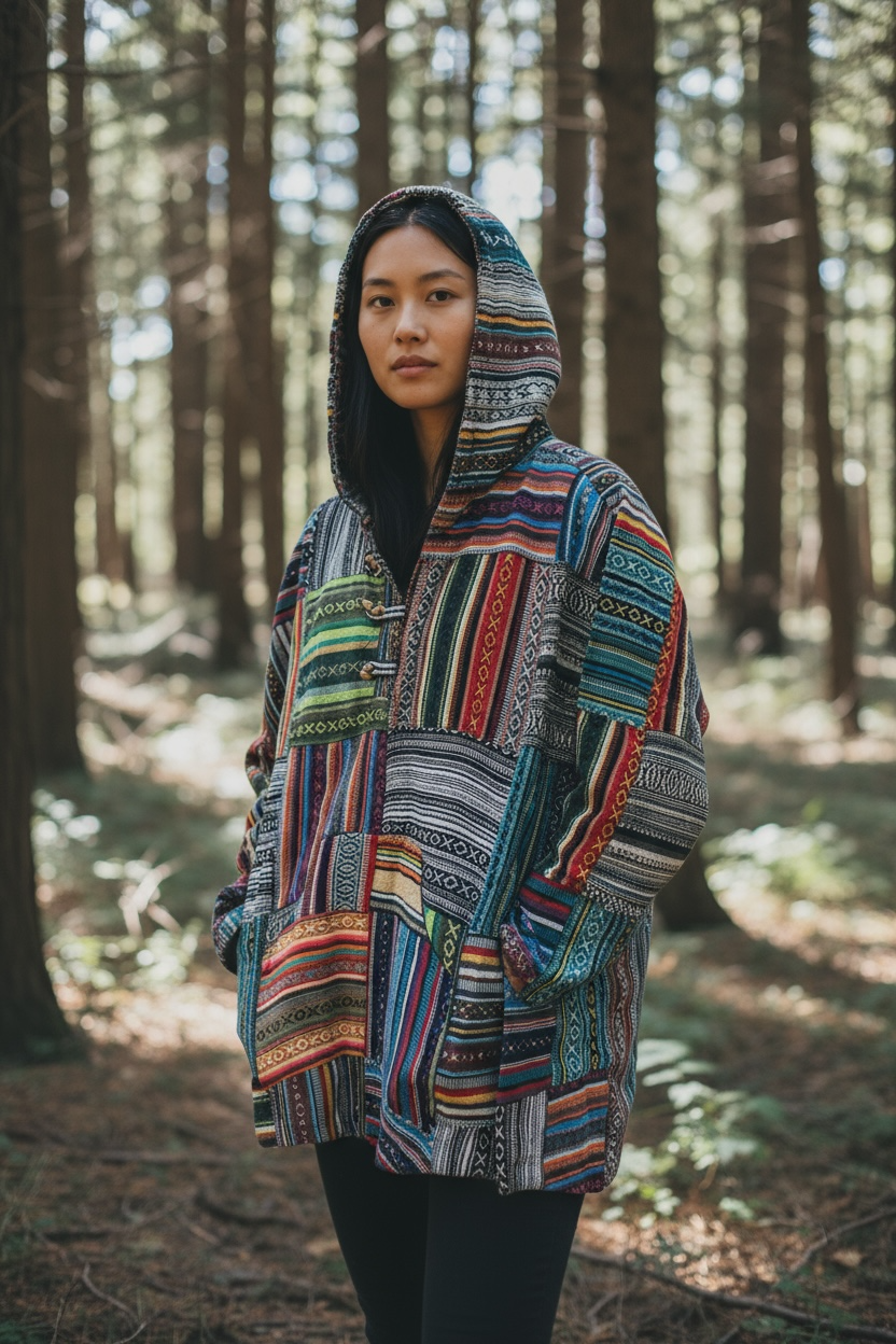 Multicolor Patchwork Baja Hoodie – Boho & Hippie Style