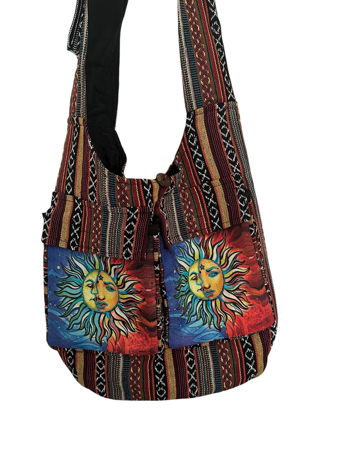 Handmade Cotton Boho Sling Bag – Twin Sun Face Print with Pockets