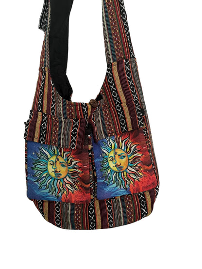 Handmade Cotton Boho Sling Bag – Twin Sun Face Print with Pockets