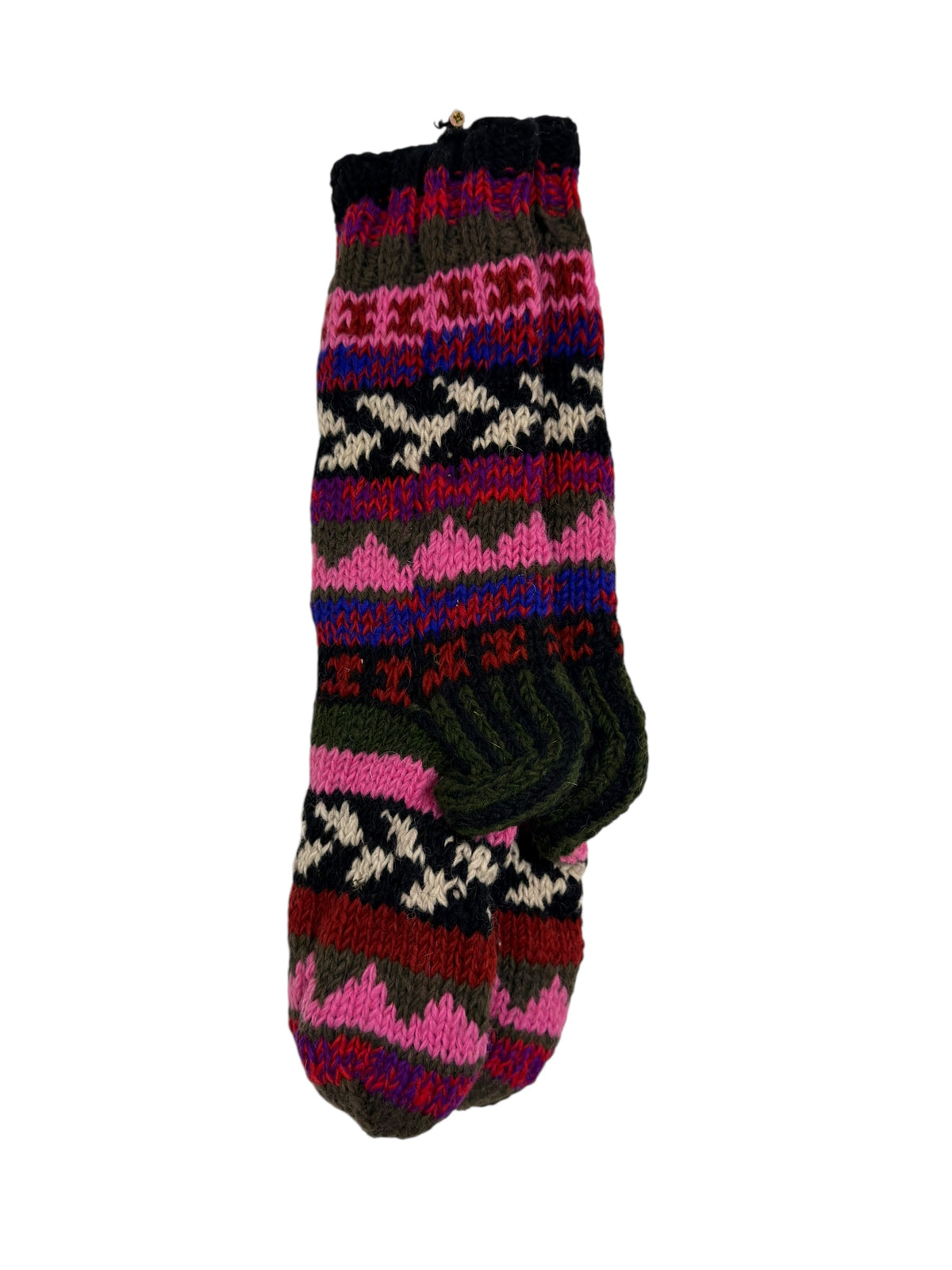 Hand-Knitted Organic Wool Socks – Pink & Olive Pattern (Fits up to Size UK 7)