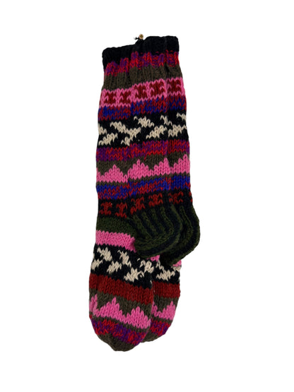 Hand-Knitted Organic Wool Socks – Pink & Olive Pattern (Fits up to Size UK 7)