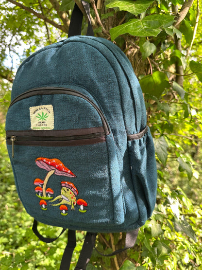 Handmade Himalayan Hemp & Cotton Backpack - Embroidery Mushroom Design (Medium Size)