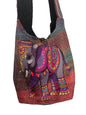 Colorful boho-style elephant print cotton sling bag with zip and button closure, handmade hobo shoulder bag.