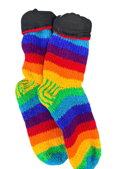 Unisex Hand-Knitted Organic Wool Rainbow Socks - Fleeced Inside (Fits up to Size UK 12)