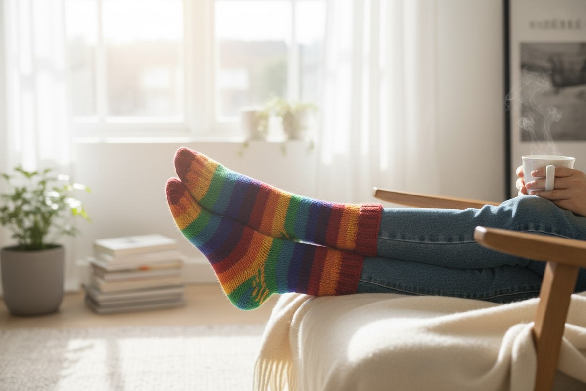 Unisex Hand-Knitted Organic Wool Rainbow Socks - Fleeced Inside (Fits up to Size UK 12)