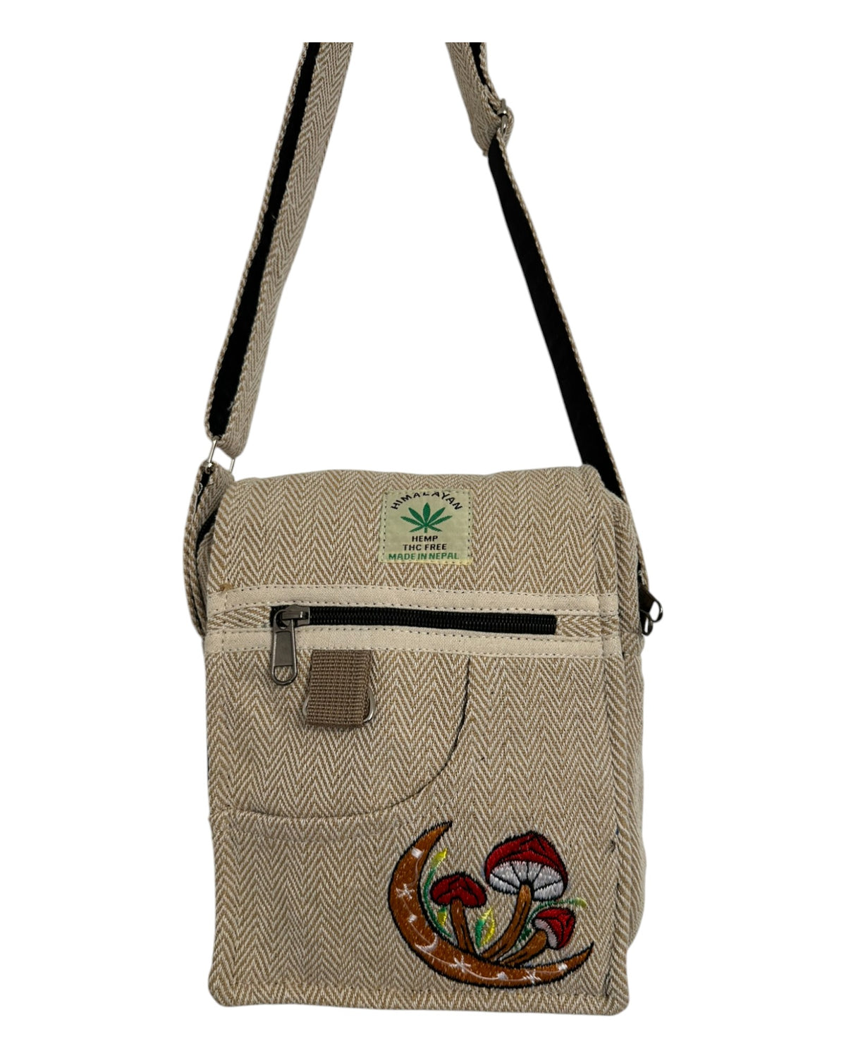 Hemp/Cotton Embroidered Crossbody Shoulder Bag - Mushroom Design