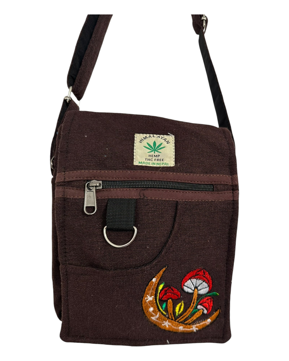 Hemp/Cotton Embroidered Crossbody Shoulder Bag - Mushroom Design