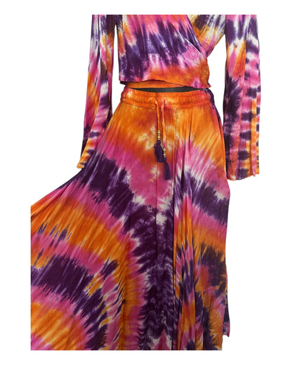 Boho Tie-Dye 2-Piece Set - Wrap Top & Flowy Skirt with Pockets