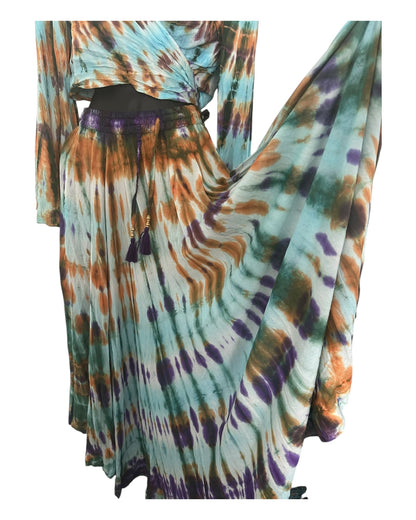 Boho Tie-Dye 2-Piece Set - Wrap Top & Flowy Skirt with Pockets