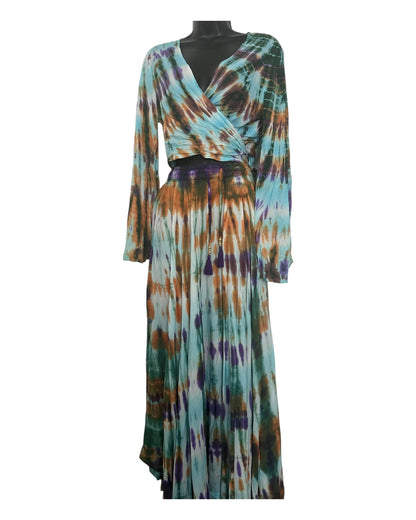 Boho Tie-Dye 2-Piece Set - Wrap Top & Flowy Skirt with Pockets