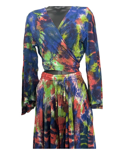Boho Tie-Dye 2-Piece Set - Wrap Top & Flowy Skirt with Pockets