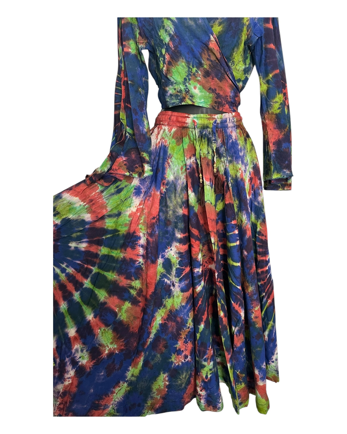 Boho Tie-Dye 2-Piece Set - Wrap Top & Flowy Skirt with Pockets