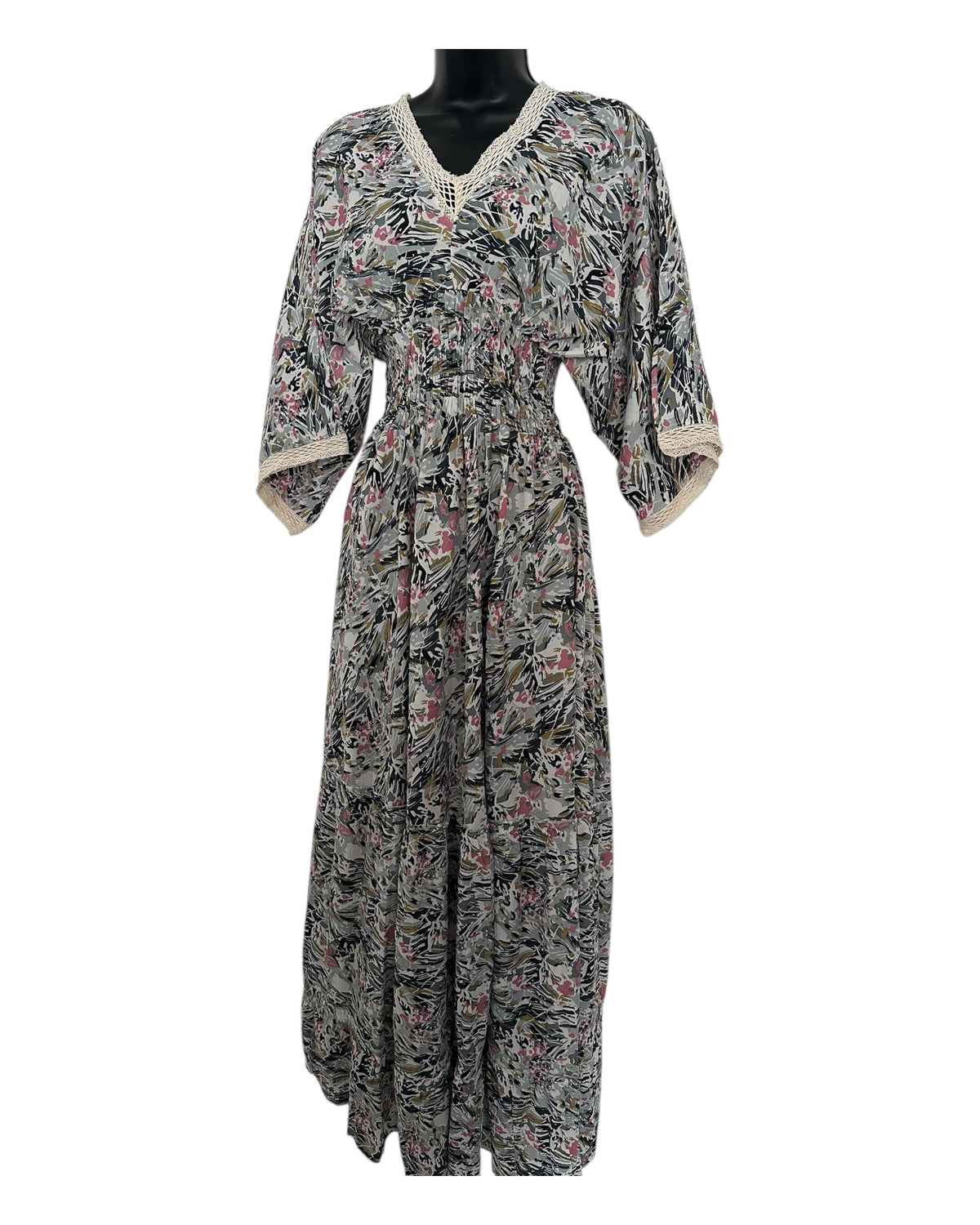 Boho Floral Maxi Dress with Crochet Trim