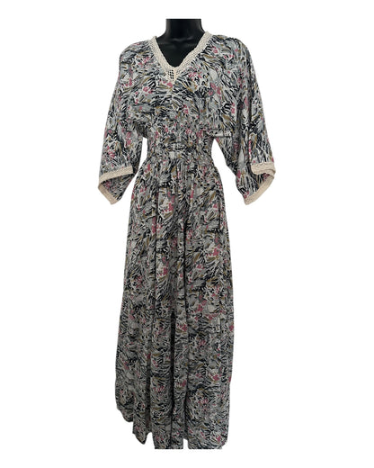 Boho Floral Maxi Dress with Crochet Trim