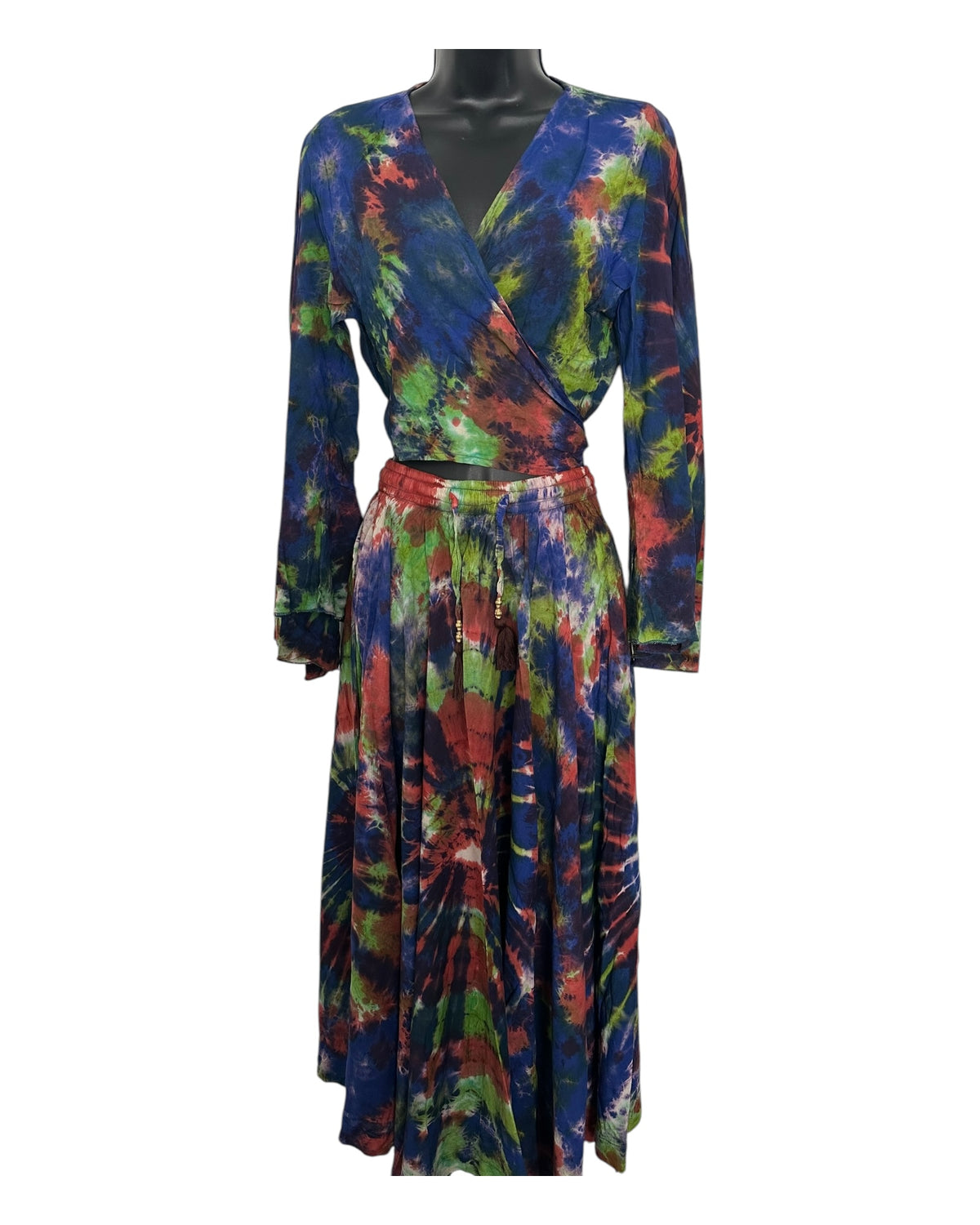 Boho Tie-Dye 2-Piece Set - Wrap Top & Flowy Skirt with Pockets