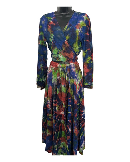 Boho Tie-Dye 2-Piece Set - Wrap Top & Flowy Skirt with Pockets