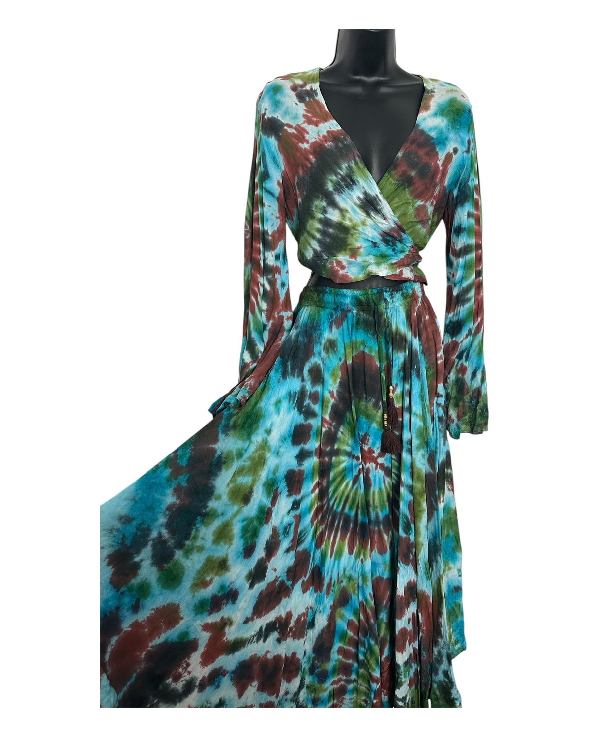 Boho Tie-Dye 2-Piece Set - Wrap Top & Flowy Skirt with Pockets